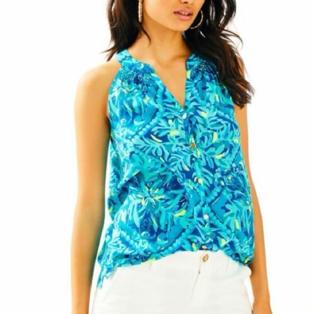 NWOT Lilly Pulitzer Silk Button Down Tank Top size Large in Blue Floral - Picture 2 of 11